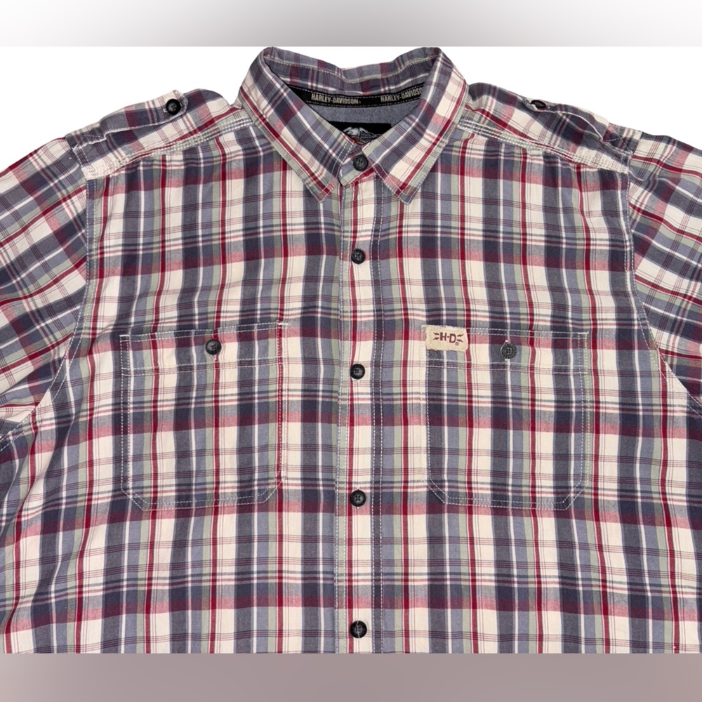 Harley-Davidson Plaid Short Sleeve Button-Up Shirt Red White Blue Men’s XL - Picture 3 of 13